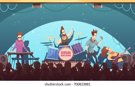 Open air festival rockband live music onstage performance retro cartoon banner with electronic instruments and audience vector illustration 