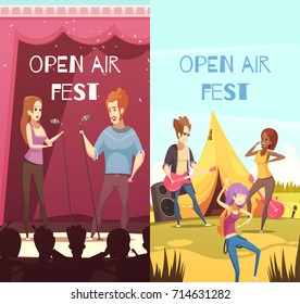 Open air festival singers and audience 2 retro cartoon vertical banners with onstage outdoor show isolated vector illustration