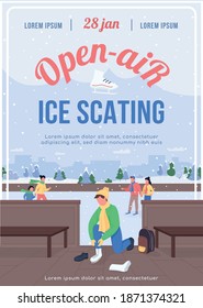 Open Air Ice Skating Poster Flat Vector Template. Christmas Holiday. Family Spend Time Together. Brochure, Booklet One Page Concept Design With Cartoon Characters. Winter Fun Activity Flyer, Leaflet