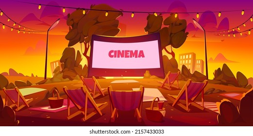 Open Air Movie Theater In City Park Or Backyard At Sunset. Vector Cartoon Summer Landscape With Empty Outdoor Cinema With Big Blank Screen On Green Lawn And Chaises In Evening