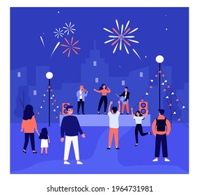 Open air music concert flat vector illustration. Cartoon people dancing to music and watching live concert in city. Singer and musicians playing on stage under fireworks. Concert, music, band, concept