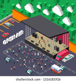 Open Air Music Concert Isometric Vector Illustration With Rock Band On Stage And Dancing Youth In Viewers Zone