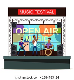 Open air music fest banner. Cartoon multiracial male musical band perforating on stage. Musicians with guitar, singer with microphone playing music, jazz, rock, blues, rockabilly. Vector illustration