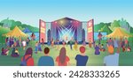 Open air music festival by day. Music Stages, vector illustration of a crowd of fans waving their arms, dancing, shooting video on their phone. Bright illustration, hand draw, objects grouped