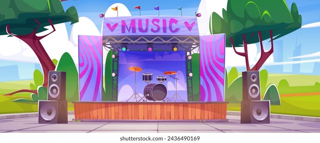 Open air music festival in city park with drums on stage and loudspeakers. Cartoon vector illustration of summer urban garden landscape with stage for band performance, green trees and fan zone.