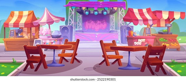 Open air music festival in city park with fun fair fast food stalls and street cafe tables with chairs on summer day. Cartoon vector empty performance scene with tent, projectors and speakers.