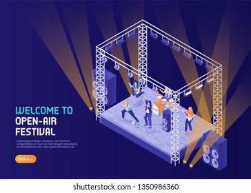 Open Air Music Festival Color Background With Musicians Performing  On Stage In Spotlight Isometric Vector Illustration