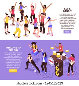 Open air music festival horizontal banners with rock band and dancing crowd of audience isometric vector illustration