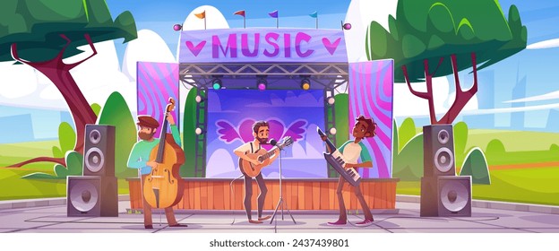 Open air music festival - male band plays and sings in city park with stage. Cartoon vector illustration of summer urban garden landscape with green trees and grass. Holiday event with singers concert