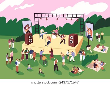 Open air music festival. Musicians play perform on stage. People crowd listens to performance, have picnic, dance on live rock concert outdoor. Pop band sings song in park. Flat vector illustration