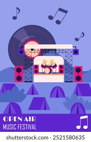 Open air music festival poster. Gramophone with vinyl disc and speakers. Retro music party or event, concert. Brochure and booklet, flyer and leaflet. Flat vector illustration