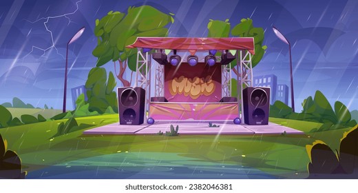 Open air music festival stage with speakers in rain with thunder and lightning. Cartoon vector of summer rainy public city park landscape with empty musician performance scene under falling drops.