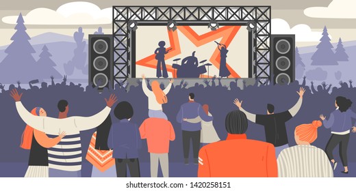 Open air music festival. Vector illustration of rock musicians and crowd of fans outdoors.