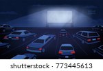 Open air, outdoor or drive-in cinema theater at night. Large movie screen glowing in darkness surrounded by cars against evening sky with stars and clouds on background. Cartoon vector illustration.