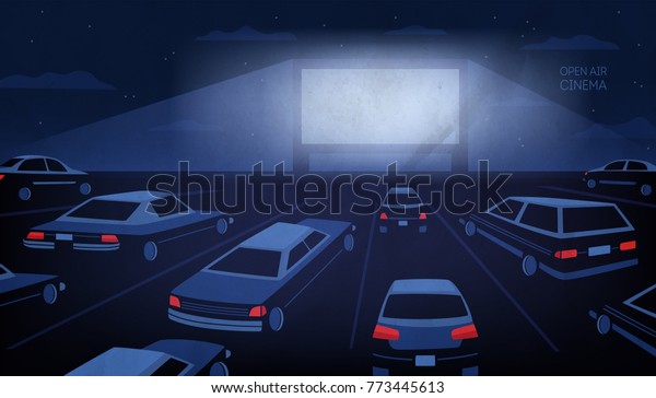 夜の野外 屋外 ドライブイン映画館 夕空に車に取り囲まれ 背景に星や雲が付いた 暗い中で輝く大きな映画スクリーン カートーンのベクターイラスト のベクター画像素材 ロイヤリティフリー