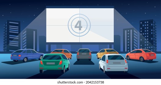 Open air parking. Car cinema with white screen and counting down the numbers to the start of the movie. Drive-in cinema theater at night. Cartoon illustration.