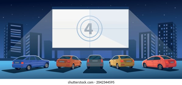 Open Air Parking. Car Cinema With White Screen And Counting Down The Numbers To The Start Of The Movie. Drive-in Cinema Theater At Night. Cartoon Illustration.