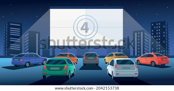 Open air parking. Car cinema\
with white screen and counting down the numbers to the start of the\
movie. Drive-in cinema theater at night. Cartoon\
illustration.