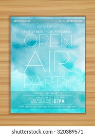 Open Air Party celebration flyer, banner or template in grungy sky blue colors on wooden background.