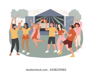 Ilustración aislada del vector del concepto de la fiesta al aire libre. Evento al aire libre, baile al aire libre, festival de música de verano, disfrutar de un concierto, multitud de personas, fiesta nocturna, concepto de vector de actuación en vivo.