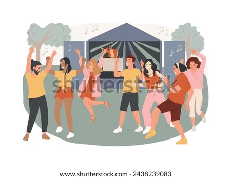 Open air party isolated concept vector illustration. Open air event, dance outdoor, summer music festival, enjoying concert, crowd of people, night party, live performance vector concept.