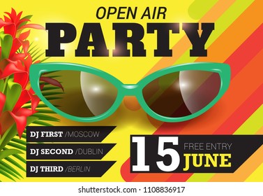 Open air, party, June fifteen lettering with green sunglasses. Summer invitation design. Typed text, calligraphy. For leaflets, brochures, posters or banners.