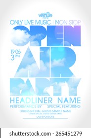 Open air party poster with text silhouette against sky. 