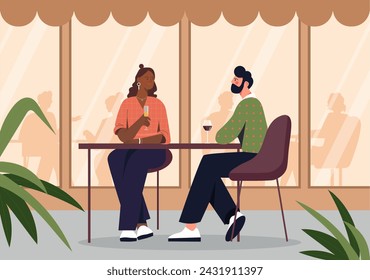 Concepto de restaurante al aire libre. Hombre y mujer sentados en la mesa con bebidas alcohólicas. Reunión romántica. Pareja joven con bebidas en vasos. Amor, cuidado y romance. Ilustración de vector plano de dibujos animados