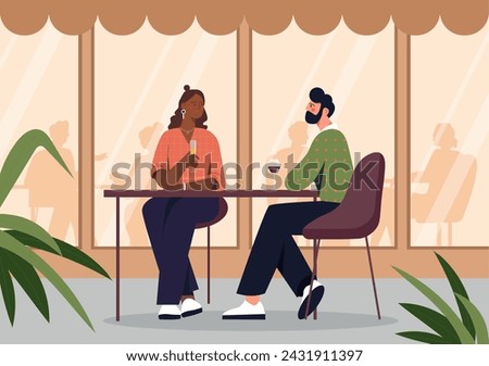 Open air restaurant concept. Man and woman sitting at table with alcoholic drinks. Romantic meeting. Young couple with drinks in glasses. Love, care and romance. Cartoon flat vector illustration