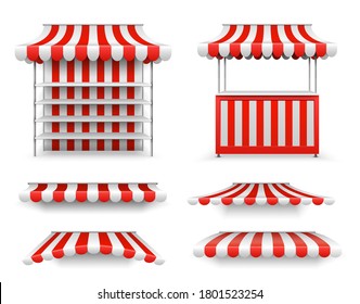 Open Air Stalls. Market Stand Mockup, Isolated Realistic Empty Vendors. Sunshade, 3d Tents Or Roof For Grocery Counter. Street Fair Kiosk Vector Illustration