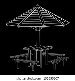 Open air wooden gazebo vector ideal place for picnic. Black and white.