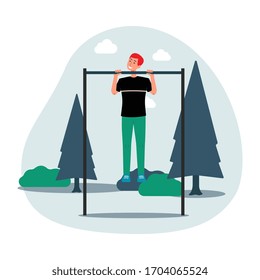 Open air workout with man cartoon character pulls up on horizontal bar in park, flat vector illustration isolated on white background. Healthy living and sport activity.