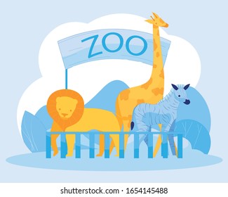 Open Air Zoo with Wild Animals Presentation Poster. Lion, Zebra, Giraffes in Aviary behind Fence. Signboard with Inscription. Flat Natural Backdrop. Cartoon Invitation to Visit. Vector illustration