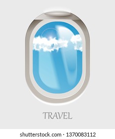 Open Aircraft window. Plane porthole isolated on transparent background. Vector illustration. Travel background