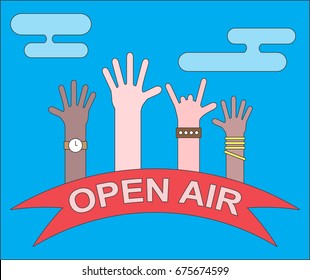 open air,Hands up, a cluster of people, a vector image, a flat design,Rock concert
