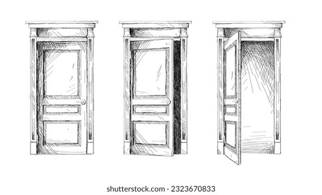 Open, ajar and closed doors, black line sketches set vector illustration. Outline front view of entrance to home or office in hand drawn style, sketchy wall with wooden doors, handles and doorways