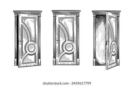 Open, ajar and closed doors, black line sketches set vector illustration. Outline front view of entrance to home or office in hand drawn style, sketchy wall with wooden doors, handles and doorways