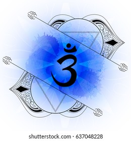 open ajna chakra line art on blue watercolor background vector illustration. Yoga, meditation concept