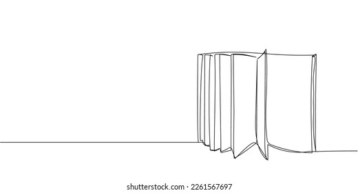 Open album in vertical position, many pages one line art. Continuous line drawing of book, library, education, school, study, literature, paper, textbook, knowledge, read, learn, page, reading.