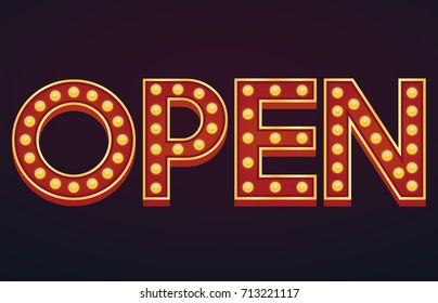 Open alphabet sign marquee light bulb vintage carnival or circus style ,Vector illustration