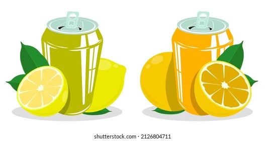 open aluminum can with carbonated drink and lemon. Refreshing cold drink for a bright summer. Cartoon vector isolated on white background