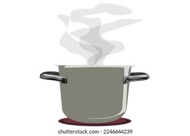 Una olla de aluminio abierta sin tapa sobre la estufa caliente y vapor saliendo de la olla aislada sobre fondo blanco vacío