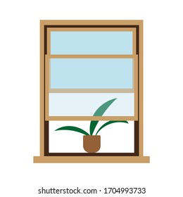 Open American window with a plant on the windowsill