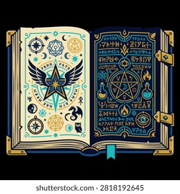 An open ancient book filled with mystical symbols and magic