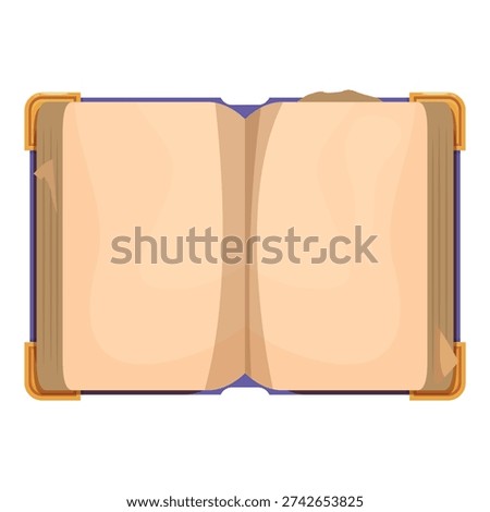 Open antique book showing blank pages with golden corners, ideal for displaying text or adding a vintage touch