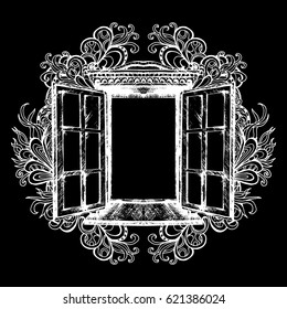 An open antique window. Vector illustration. Monochrome graphics, architecture, exterior. A sketch. Building element, window opening. Style. Vintage. Retro. Old picture of Indian ink. Ornament, art.