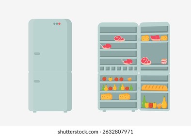 Open appliance with food inside and shadow illustration showing good storage for cook and eat concept in grey fridge with shelf extension and household quality product in online website store

