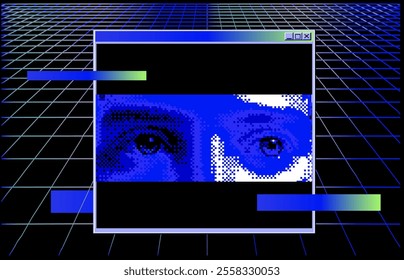 Open application window with pixel eyes against a perspective laser grid. Conceptual vector image of surveillance on the web.