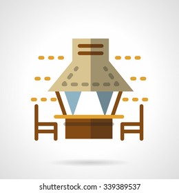 Open arbor on a beach with wooden table, chairs and blue curtains. Tropical resort. Flat color style vector icon. Buttons and design elements for website, mobile app, business. 