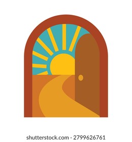 Open arched door with sunrise path vector illustration